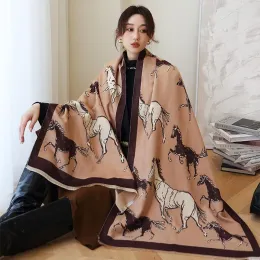 New Scarves Animal Print Winter Cashmere Scarf Women Thick Warm Shawls Wraps Female Designer Horse Pashmina Blanket Cape
