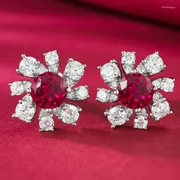 Brincos de garanhão pombo sangue vermelho um quilate redondo diamante pétalas de girassol pequeno e high end luz luxo moda