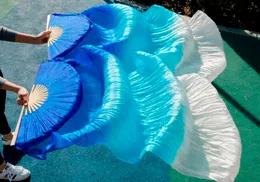 2018 Female High Quality Chinese Silk Veils Dance Pair of Belly Dancing Fans Cheap Hot Sale Royal Blue + Turquoise+white