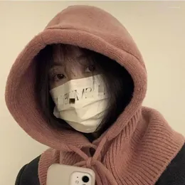 BERETS KOREA BALACLAVA HAT Vinterhattar och halsduk med Botton Warm Neck Women Sticked Wool Pullover Gothic Y2K