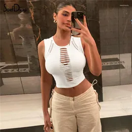Women's Tanks Soefdioo Solid Hollow Out Vests Women Casual Concise See Through O-neck Sleeveless Slim Crop Tops Summer 2023 Vintage