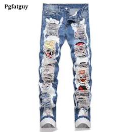 Zagrypowe dżinsy na męskich tkanin z rozbitkowanymi wewnętrznymi tkaninami Slim-Fit Proste Mid-Pistist Denim Spods Fashion Modna odzież uliczna