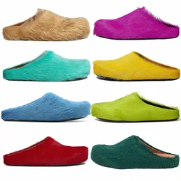 Fussbett Sabot Buzağı Kürk Kürk Slayt Uzun Buzağı Saç Deri Takip Loafers Erkekler Kadın Siyah Beyaz Turuncu Yeşil Kırmızı Khaki Kürklü Ayakkabı Terlik U3FX#