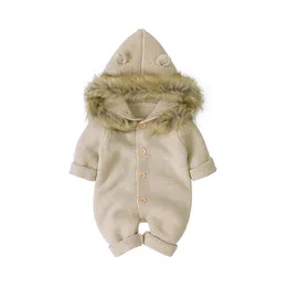 Rompers Classic Solid Color Long Sleeve Knit Acrylic Fluffy Hooded Baby Boys Girls Rompers Soft Born Onesie Spädbarn Pyjamor 231101