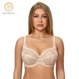 BHS DELIMIRA Damen Minimizer BH Plus Size Spitze Blumen Vollständige Abdeckung Sexy Durchsichtiger Bügel Ungefüttertes Netz Transparent DD E F G 231102