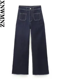 Kvinnors jeans xnwmnz 2023 Kvinnor Fashion Patch Pocket Marine Woman Vintage High midja dragkedja Kvinnlig brett ben 231102
