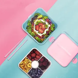 Servis sätter fyra rutnät Sallad Bowl Fresh-Keep Box Lunch Portable Container för skolpicknickkontor