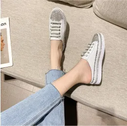 womens student girls sequine silver white shoes water drill thick sole 4CM high students slip on flats loafers can make big size 41 42