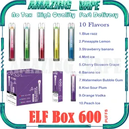 Orijinal Elf Kutusu 600 Puf E Sigara 1.2odm 2ml Önceden Doldurulmuş Pod 450mAh Pil 10 Flavors 2% 5% 5 Tek Kullanımlık Vape Puffs 600