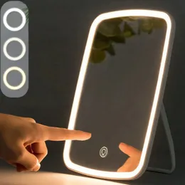 Kompakta speglar LED Makeup Mirror Touch Screen 3 Light Portable Standing Folding Vanity Mirroir med 5x förstoringskompekt Kosmetika LED -spegel 231102