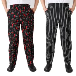 Men's Pants Red Peppers Restaurant Uniform Chef Elastic Waist Work Cook Trousers Black And White Striped Food Service Clothes