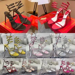 상자 Rene Caovilla Heel Sandals Crystal Decorative Rhinestone High Heel Sandals Cleo 95mm 디자이너 발목 랩 어라운드 여성 샌들 꽃 모조 다움