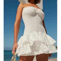 Vestidos casuais branco elegante vestido de renda mulheres 2023 verão férias strapless vestido mujer oco out vintage sexy bodycon sem mangas