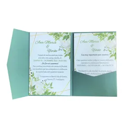 Gratulationskort 50 uppsättningar Dark Green Tri Fold Pocket Wedding Inbjudningskort Anpassat tryckt engagemang XV Födelsedagsdopinbjudningar IC160 231102
