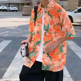 メンズカジュアルシャツヴィンテージメンコンフォートオレンジフローラルビーチサマールーズボタンアップシャツ女性のための日本カワイイハラジュク半袖