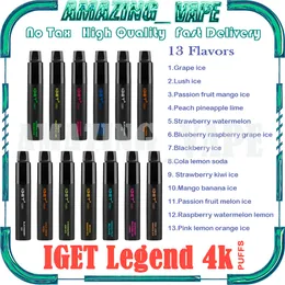 Autêntico IGET LEGEND 4000 Puffs 4k descartáveis ​​vape E Cigarettes Pod Device Kit Poderoso 1500mAh Bateria 12ml Cartucho Pré-preenchido Vape Pen Original Puff 4000 VS King