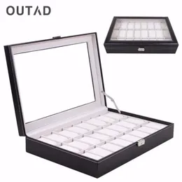 Outad Casket 24 Grid Watch Box Glass Black Leather Wristwatch Storage Storage Case Organizer Classical Holder Foam Pillow265e