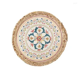 Decorative Figurines 2Pcs Placemats 33cm Round Meal Mat Cotton Thread Woven Reed Grass Patchwork Style Multi-color Printing Dyeing