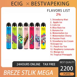 Breze Stiik Mega 2200 puffs engångscigaretter Vape penna 6 ml mesh spole 950mAh 2% uppladdningsbart batteri 14 färg