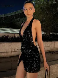 Sıradan Elbiseler Tawnie Bling Puined Halter Mini Elbise Kadınlar 2023 Zarif Seksi Solsuz Backless Bodycon Party Club Akşam Kıyafetleri