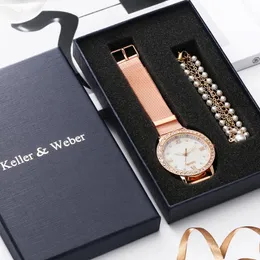 Armbanduhren Damenuhr Armband Geschenkset Damen Roségold Quarzuhr Diamantzifferblatt Mädchen Feine Perlenarmbänder Geschenk für Ehefrau