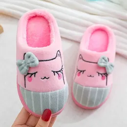 Tofflor Bowknot Cat Children Cotton Autumn Winter Home Inomhus Varma barnskor Comfort Nonslip Fluffy Pink Girls 231101