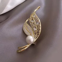 Feather Leaves Pearl Brooch Rhinestones Alloy Plant Tree Leaf Brooch Clothing Accessory Jewelry For Women Men Wedding