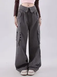 Women s Pants s HOUZHOU Vintage Gray Cargo Women Baggy Cyber Y2k Aesthetic Techwear Wide Leg Trousers Female Grunge Korean Streetwear 231102