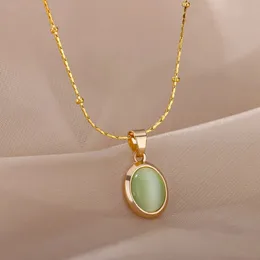 Pendant Necklaces Stainless Steel Round Opal Necklace For Women Girls Natural Stone Gold Color Choker Vintage Jewelry Collier 231101