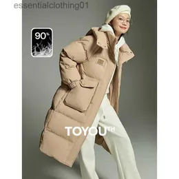 Piumino da donna Parka Toyouth Piumino lungo da donna 2023 Cappotto invernale con colletto alla coreana Cappotto con cappuccio spesso Trama a quadretti Cappotto caldo nero kaki L231102