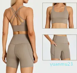 Lu Lu Yoga Lemon Sport Set Outfits Pockets Shorts Set Women Fitness Suit 2 Piece Sports Gym Wear Workout Clothing Sportwear Sport Align Align Al