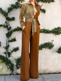 Women's Jumpsuits Rompers Woman Jumpsuits Elegant Brown Long Sleeve Shiny Sequin Stitching Lapel Collar Single Breasted High Waist Party Evening Jumpsuit 231102