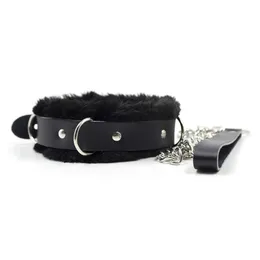 Chokers Woogge Adjustable Black Real Leather Neck Collar with Chain Leash Faux Fur Lined D Choker Necklace Animal Pet Accessories 231101