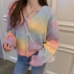 Womens Sweaters spring allmatch Vneck breasted rainbow color short knitted cardigan jacket women 231102