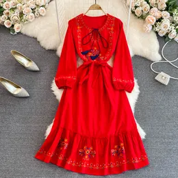 2023 Vintage Casual Dresses Sexy Print designer Clothing A line Fall new women's Dresses wear thin hollow-out embroidered dress