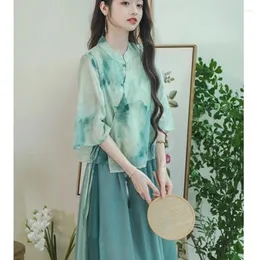 Work Dresses Elegant Green Blouse Skirt Suit Summer Loose Sweet Daily Wear Two Piece Sets Womens Outifits Clothes