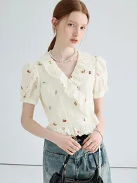 Koszulki damskie Molan French Woman Sweet Top 2023 Summer Design Chic Sleeve V Szyjka Moda Fashion Tree Shirt Streetwear