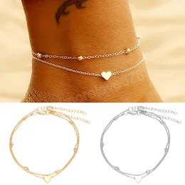 Cavigliera con ciondolo a cuore a doppio strato per donna Bracciale alla caviglia con perline a catena color oro argento sul piede della gamba Gioielli da spiaggia estiva