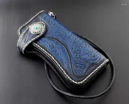 Plånböcker blå äkta läder handgjorda verktygsbikare rockare plånbok med kedja