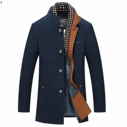 Men's Wool Blends Winter Trench Coat Men Casual Thick Overcoat Stand Collar Woolen Coats With Detachable Scarf Parka Casaco Masculinos 231102