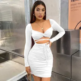 Urban Sexy Dresses Women Långärmning Vneck Mini Dress Hollow Out Party Solid Color Backless BodyCon Evening Ladies Fashion