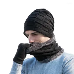 Berets Winter Hats Bubble Hat Bibs Three-Piece Suit Knit Men's Warmth Hood Touch Screen Gloves Beanie Skullies Baotou Cap