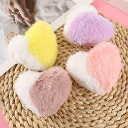 Fancy Double Contrast Color Plush Key Chain Fluffy Heart Shaped Soft Toy Fur Rabbit Pom Pom Keychain