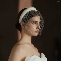 Headpieces Ivory Face Veil Women Headbands Pearls Beaded Net Bridal Accessories 2024