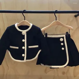 Kläderuppsättningar Zhio Girls Black Tweed Piece Outfits Winter Autumn Kids Långa ärmar Top Jacket Kjol Design Uniform Baby Girl Clothes