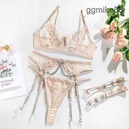 dessous Sexy Dessous-Set, sehr Spitzenunterwäsche für Frauen, ultradünne Metallkette, Bügel, erotische Stickerei-BH-Sets und Höschen, Porno-Kostüme, Bralette-BHs EL72