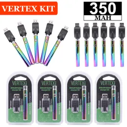 Nuovo Vertex 350mAh VV Rainbow Vape Batteria 510 Filo Caricatore USB Kit blister Confezione Preriscaldamento Vaporizzatore Penna a tensione variabile Batterie Arcobaleno