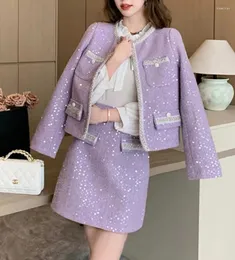 Work Dresses Light Luxury Autumn Winter Sweet Tweed Sequins Warm Set Beading Short Coat Jacket High Waist Wrap Hip Skirt Two Piece