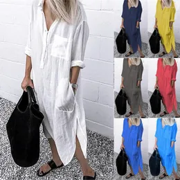 Günlük Elbiseler Kadın Uzun Gömlek Elbise Bayanlar Kollu Düz Renk Maxi Vintage V Boyun Yan Bölünmüş Cep Düğme Gevşek