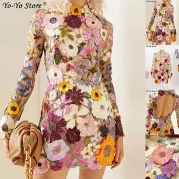 Casual Dresses 2023 Spring Party Women's 3D Flower Lace Embroidery Cocktail Dress Elegant Luxury Miniskirt Open Backpack Hip Long Sleev